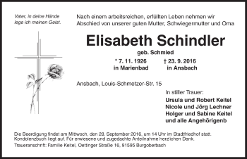 Traueranzeige von Elisabeth Schindler von Ansbach