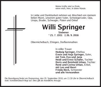 Traueranzeige von Willi Springer von Dinkelsbühl/ Feuchtwangen