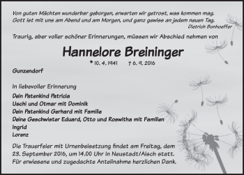 Traueranzeige von Hannelore Breininger von Neustadt/ Scheinfeld/ Uffenheim