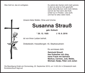 Traueranzeige von Susanna Strauß von Dinkelsbühl/ Feuchtwangen