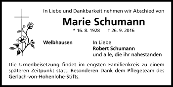 Traueranzeige von Marie Schumann von Neustadt/ Scheinfeld/ Uffenheim