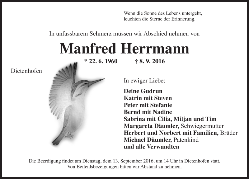  Traueranzeige für Manfred Herrmann vom 12.09.2016 aus Ansbach