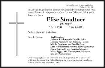 Traueranzeige von Elise Stradtner von Ansbach