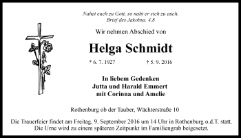 Traueranzeige von Helga Schmidt von Rothenburg