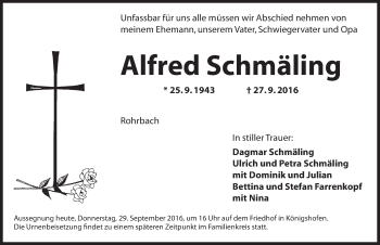 Traueranzeige von Alfred Schmäling von Ansbach