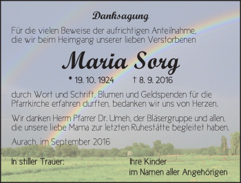 Traueranzeige von Maria Sorg von Ansbach