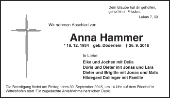 Traueranzeige von Anna Hammer von Dinkelsbühl/ Feuchtwangen