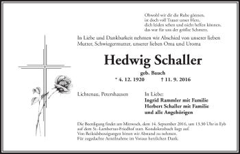 Traueranzeige von Hedwig Schaller von Ansbach