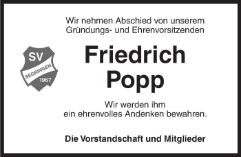 Traueranzeige von Friedrich Popp von Dinkelsbühl/ Feuchtwangen