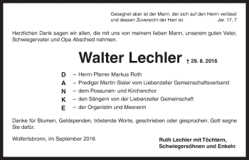 Traueranzeige von Walter Lechler von Dinkelsbühl/ Feuchtwangen