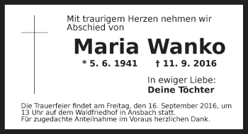Traueranzeige von Maria Wanko von Ansbach