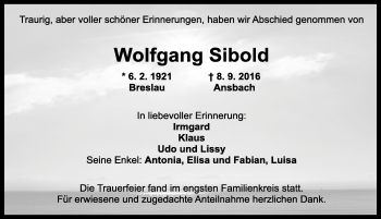 Traueranzeige von Wolfgang Sibold von Ansbach