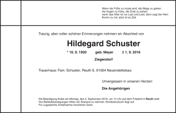 Traueranzeige von Hildegard Schuster von Ansbach