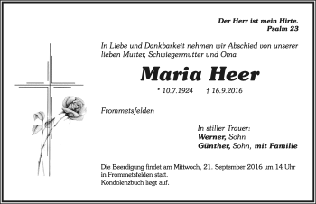 Traueranzeige von Maria Heer von Ansbach