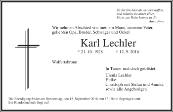 Traueranzeige von Karl Lechler von Dinkelsbühl/ Feuchtwangen