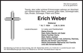 Traueranzeige von Erich Weber von Ansbach