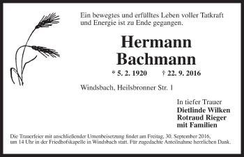 Traueranzeige von Hermann Bachmann von Ansbach