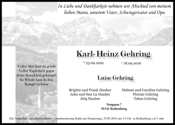 Traueranzeige von Karl-Heinz Gehring von Rothenburg