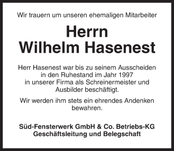 Traueranzeige von Wilhelm Hasenest von Dinkelsbühl/ Feuchtwangen