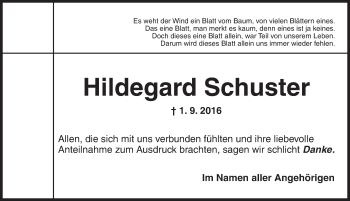 Traueranzeige von Hildegard Schuster von Ansbach