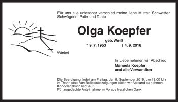 Traueranzeige von Olga Koepfer von Ansbach