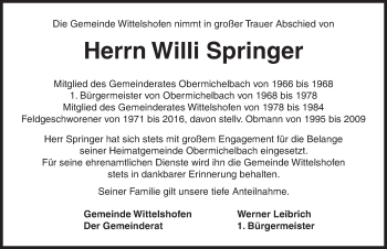 Traueranzeige von Willi Springer von Dinkelsbühl/ Feuchtwangen