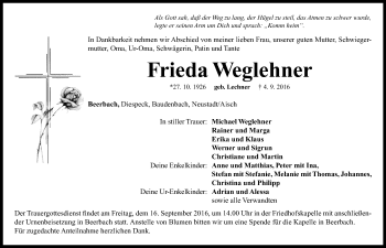 Traueranzeige von Frieda Weglehner von Neustadt/ Scheinfeld/ Uffenheim