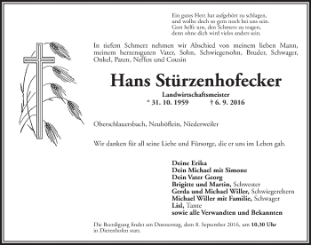 Traueranzeige von Hans Stürzenhofecker von Ansbach