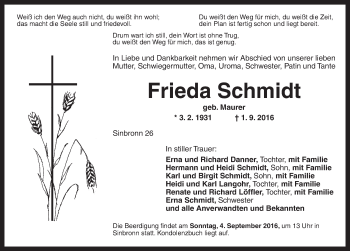 Traueranzeige von Frieda Schmidt von Dinkelsbühl/ Feuchtwangen