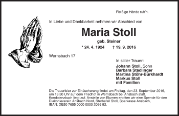 Traueranzeige von Maria Stoll von Ansbach