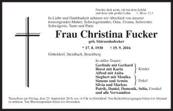 Traueranzeige von Christina Fucker von Ansbach