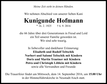 Traueranzeige von Kunigunde Hofmann von Neustadt/ Scheinfeld/ Uffenheim