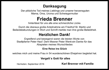 Traueranzeige von Frieda Brenner von Dinkelsbühl/ Feuchtwangen