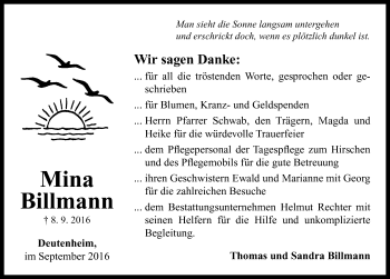 Traueranzeige von Mina Billmann von Neustadt/ Scheinfeld/ Uffenheim