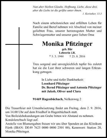 Traueranzeige von Monika Pfitzinger von Neustadt/ Scheinfeld/ Uffenheim