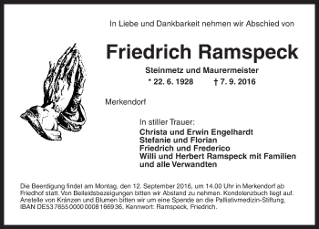 Traueranzeige von Friedrich Ramspeck von Ansbach