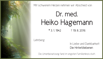 Traueranzeige von Heiko Hagemann von Ansbach