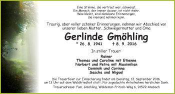Traueranzeige von Gerlinde Gmöhling von Ansbach