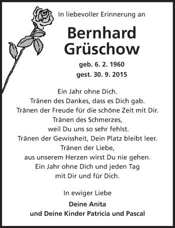 Traueranzeige von Bernhard Grüschow von Dinkelsbühl/ Feuchtwangen