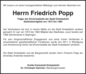 Traueranzeige von Friedrich Popp von Dinkelsbühl/ Feuchtwangen