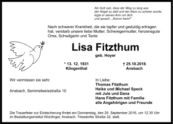 Traueranzeige von Lisa Fitzthum von Ansbach