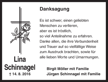 Traueranzeige von Lina Schinnagel von Ansbach