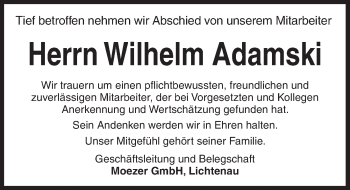 Traueranzeige von Wilhelm Adamski von Ansbach