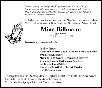 Traueranzeige von Mina Billmann von Neustadt/ Scheinfeld/ Uffenheim