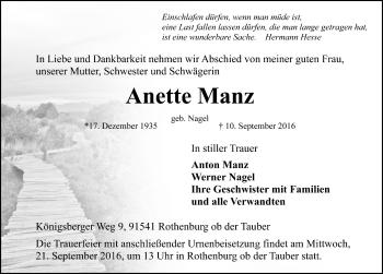 Traueranzeige von Anette Manz von Dinkelsbühl/ Feuchtwangen