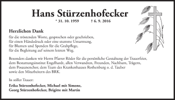 Traueranzeige von Hans Stürzenhofecker von Ansbach