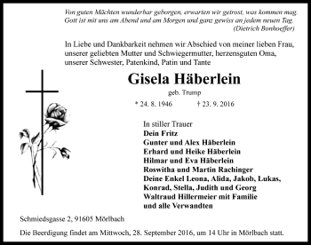 Traueranzeige von Gisela Häberlein von Rothenburg