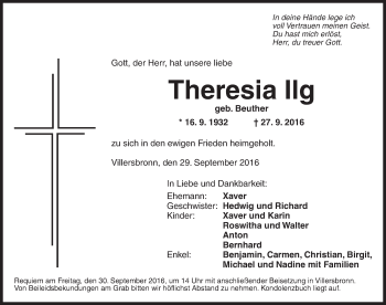 Traueranzeige von Theresia Ilg von Dinkelsbühl/ Feuchtwangen