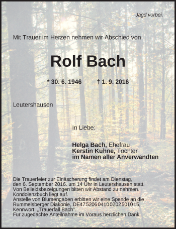 Traueranzeige von Rolf Bach von Ansbach