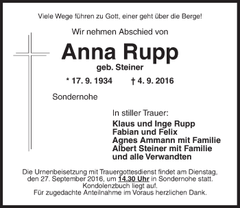 Traueranzeige von Anna Rupp von Ansbach